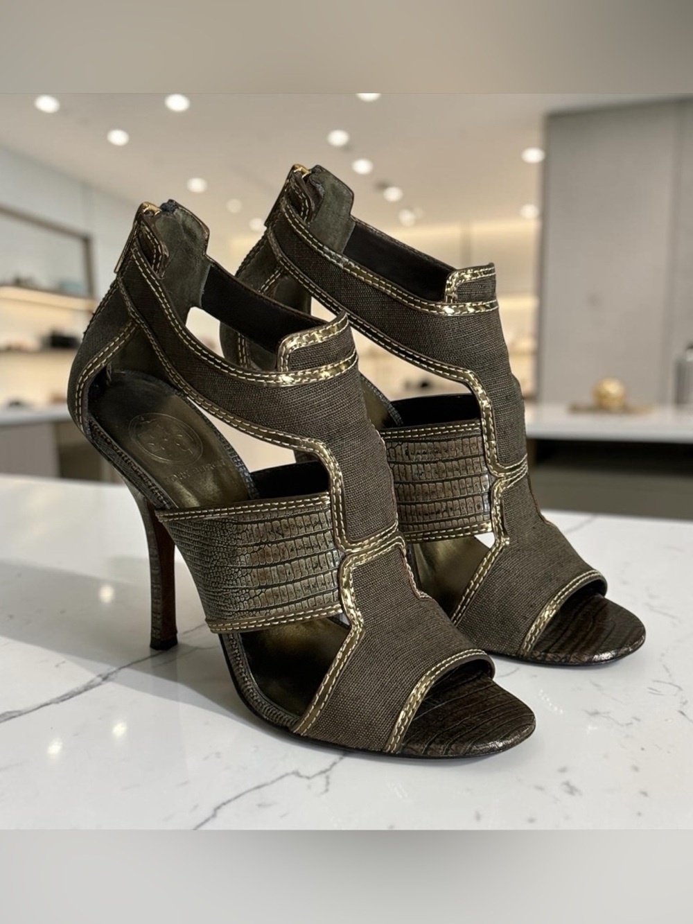 Tory Burch Geoff Caged High Heel Olive Gold Gladiator Sandals! Size 8 - Picture 6 of 16